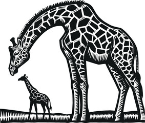 Tender Bond: Mother Giraffe and Calf. This striking black and white illustration depicts a large giraffe affectionately looking down at a small calf, rendered in a distinctive linocut style, ideal for