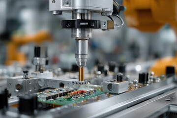 Fototapeta premium Precision robotic arm for assembly of intricate electronic circuits on a automated production line in a manufacturing facility