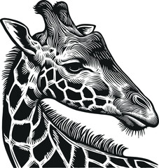 Intricate Giraffe Portrait in Linocut Style. A detailed black and white illustration focuses on the textured features of a giraffe's head and neck, showcasing its distinctive patterns in a striking gr