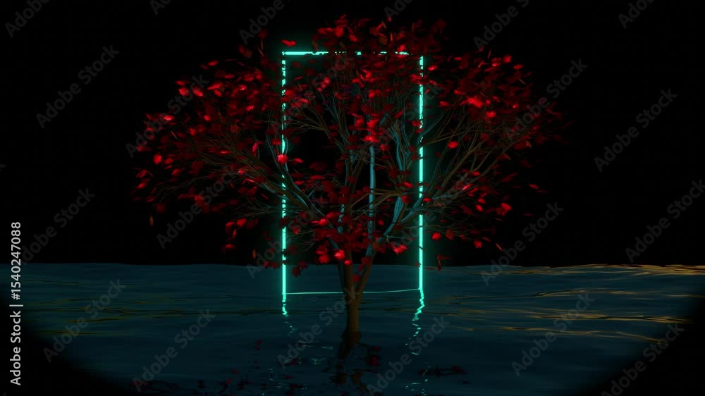 Poster night landscape with tree and glowing frame loop animated background
