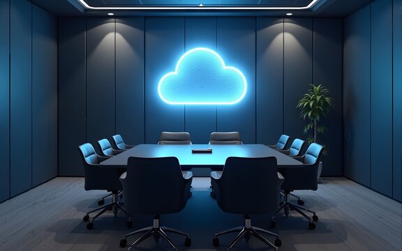 Cloud Computing Conference Room: Modern conference room with a glowing cloud computing symbol on the wall, symbolizing innovation, technology, and collaboration in a sleek and stylish setting.