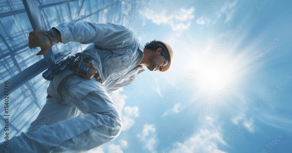 Aufkleber A construction worker is engaged in a project involving advanced materials under a bright sky. The individual showcases techniques related to shape memory alloys and adaptive technologies.