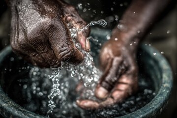 Fototapeta premium African person washing hands with clean, fresh, pure water in a basin, promoting hygiene and cleanliness for health