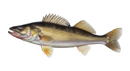 Walleye Fish Profile with Detailed Scales and Fins on White Background