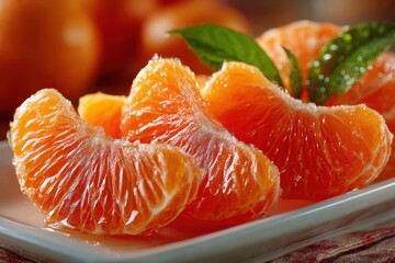 Vibrant mandarin orange segments glistening on a white plate with fresh green leaves, presenting a citrus fruit food photography.