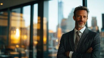 Obraz na płótnie Canvas Portrait of a confident businessman in suit standing near a window with city view at daytime on transparent background