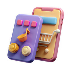 3d render of pastel smartphones with music and shopping cart icons