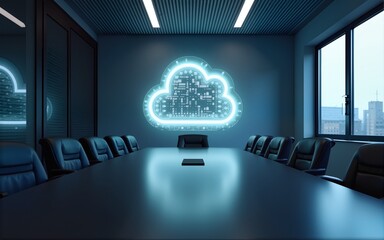 A modern conference room featuring a glowing cloud symbol on the wall, emphasizing themes of technology and collaboration. High quality