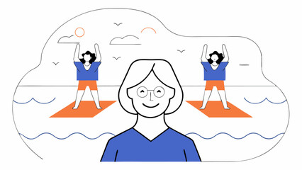 Smiling Woman Watching Yoga by the Sea