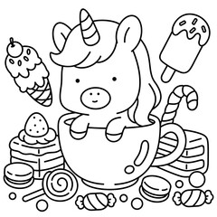 A little unicorn in a world of delicious sweets,  easy coloring for kids, vector, illustration, coloring book, coloring page, cozy, cute, bold, comfy © VECTOR_JUNE