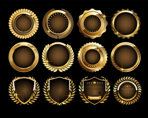 Golden luxury labels and banners, gold badge vector .premium quality certificate seal ribbons, Shield, VIP, super quality sticker tags and banners for best product seals, top no 1 brand golden crown