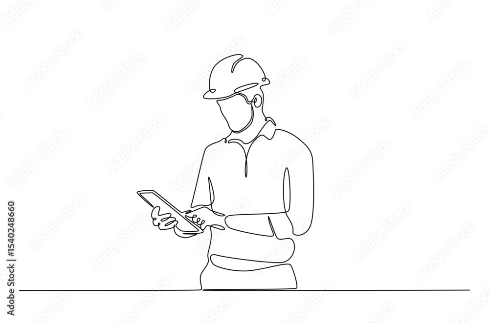 Poster engineer holding tablet in continuous one line drawing. single line art illustration of technician w