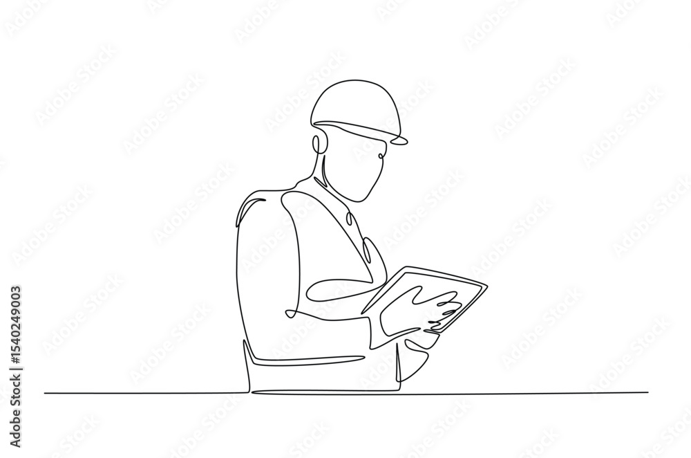 Poster engineer holding tablet in continuous one line drawing. single line art illustration of technician w