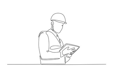 Engineer holding tablet in continuous one line drawing. Single line art illustration of technician working with tablet. Editable vector.