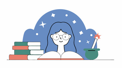 Girl Reading a Book with Magic Wand