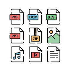 Nine common file type icons.