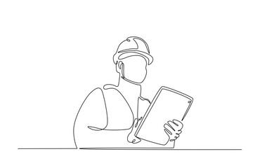 Engineer holding tablet in continuous one line drawing. Single line art illustration of technician working with tablet. Editable vector.