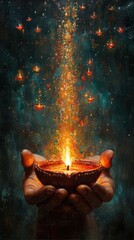 Person holds glowing diya lamp emitting upward light in dark background