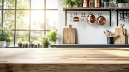 A bright modern kitchen with hanging copper pots, wooden cutting boards, and potted plants by a large window providing natural light.