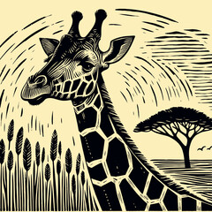 Majestic Giraffe in African Savanna Silhouette. Striking black and white linocut illustration captures a giraffe's head and neck, surrounded by tall grasses and a single tree, evoking the serene beaut