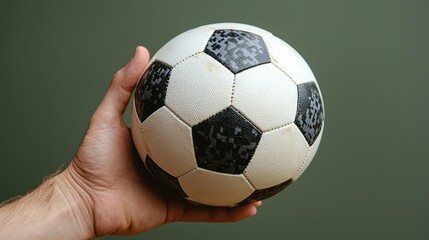 Close-up of a hand holding a slightly dirty, used soccer ball against a muted green background.  The image is well-lit and shows detail of the ball's wear