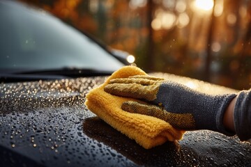 Gloved Hand Wiping Water Droplets off Dark Automobile Surface with Fluffy Yellow Towel at Golden Hour