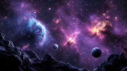 Fototapeta premium A vibrant cosmic scene featuring colorful nebulas, distant planets, and rocky terrain against a starry space background.