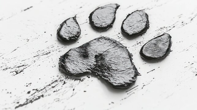 Black Paw Print on White Wooden Surface Close-Up