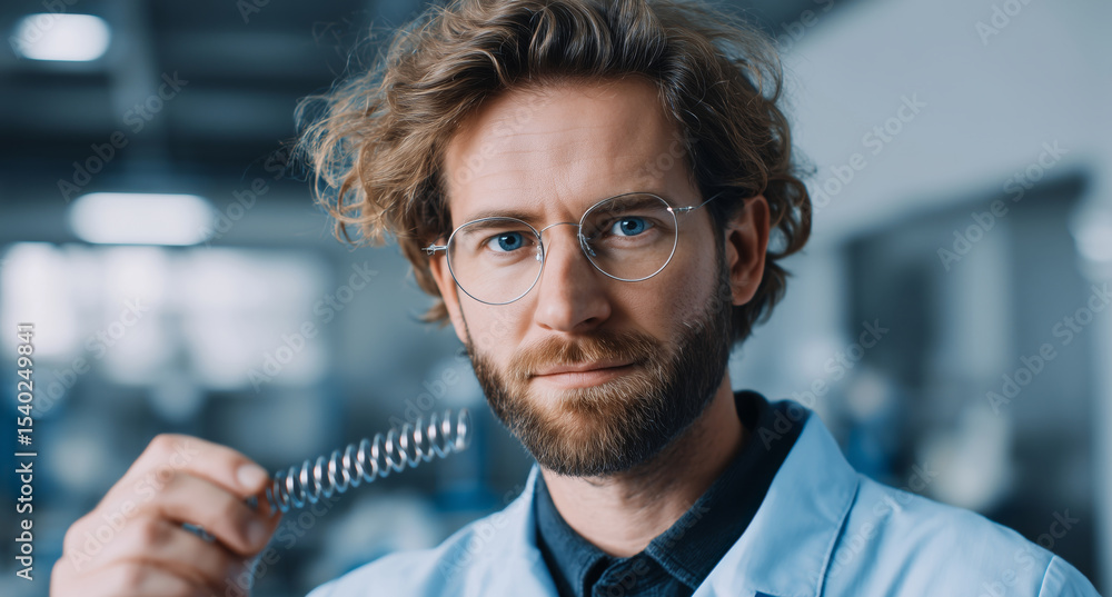 Poster In a modern laboratory, a man demonstrates a shape memory alloy spring, emphasizing its adaptive qualities and liquid metal transformation.