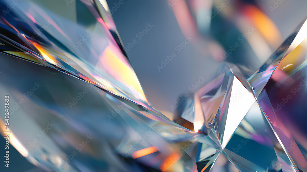 Poster abstract interplay of light on geometric crystalline structures with soft pastel color gradients and