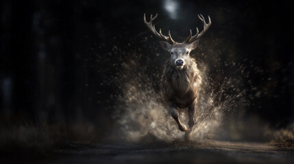 Red Deer in motion through dense forest, symbolizing strength, wilderness, and traditional hunting heritage.	