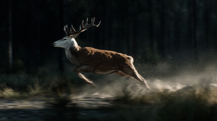 Red Deer in motion through dense forest, symbolizing strength, wilderness, and traditional hunting heritage.	