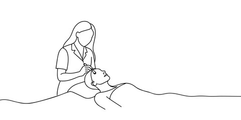 Girl cosmetologist doing a procedure to a client, continious line drawing. Care procedures, cosmetics, beauty salon outline. Vector illustration