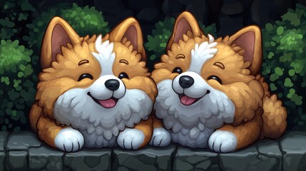 Two Happy Corgi Puppies Resting on a Wall in a Garden