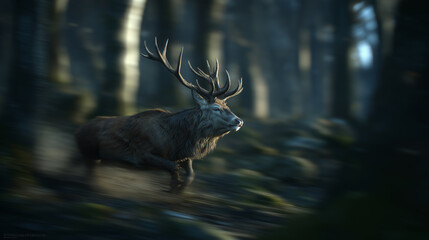 Red Deer in motion through dense forest, symbolizing strength, wilderness, and traditional hunting heritage.	