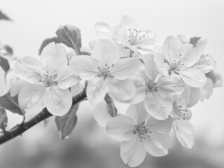 Monochrome close-up of delicate blossoms on a branch, showcasing water droplets on petals against a softly blurred background