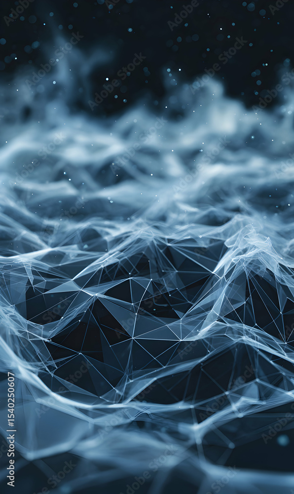 Poster abstract geometric design with connected lines and glowing particles creating a modern futuristic ba