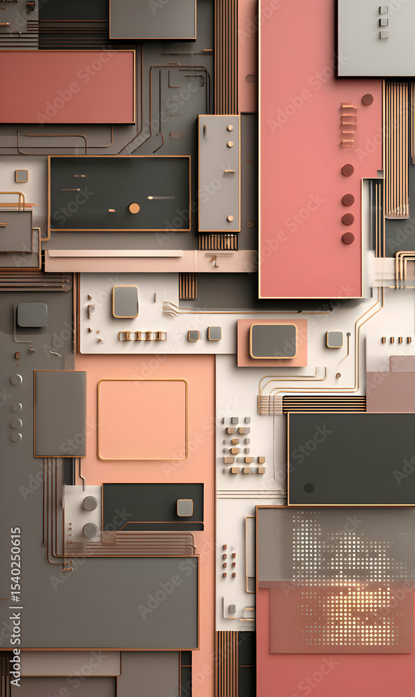Poster abstract geometric composition featuring interconnected technological elements in a futuristic desig