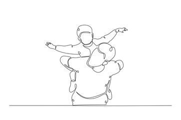 Happy father and son in continuous one line drawing. Single line art illustration of father holding little son on hands. Editable vector.