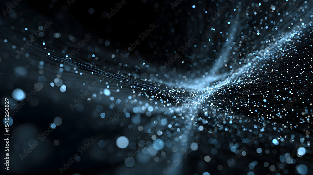 Poster abstract digital wave particle flow with glittering light on dark background for creative design