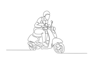 A man riding motor scooter in continuous one line drawing. Single line art illustration of person ride retro scooter. Editable vector.