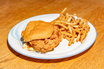 Close up of a fried chicken sandwich and fries with a shallow depth of field and copy space