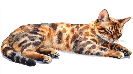 Watercolor Painting of a Bengal Cat Resting on White Background