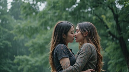 Two Women Embracing and Kissing in Gentle Rain Outdoor Scene. Lesbians videos, kissing, two women kiss, lesbians kissing sexually, girls, sexy lesbian
