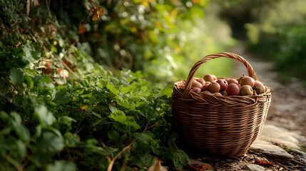 Autumn Harvest in Wicker Basket: A rustic wicker basket brimming with freshly picked apples sits nestled among lush greenery.