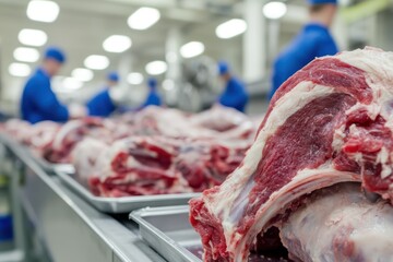 Red meat on a conveyor belt in a food factory
