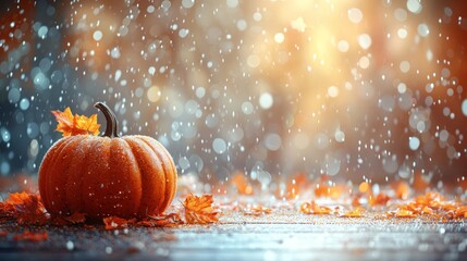 Autumnal scene with a pumpkin and fall leaves, bokeh background