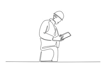 Engineer holding tablet in continuous one line drawing. Single line art illustration of technician working with tablet. Editable vector.