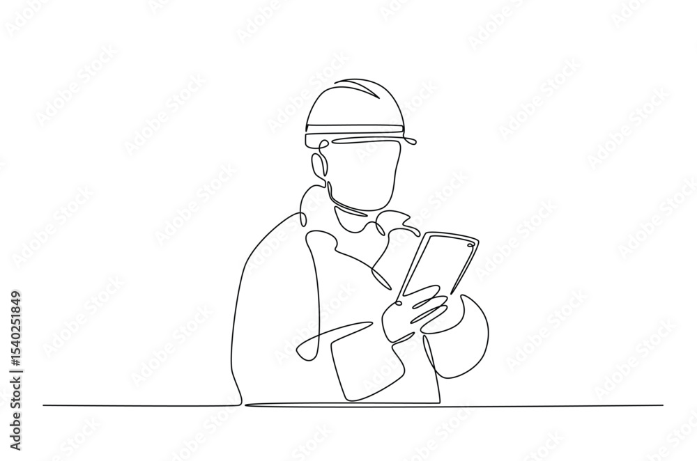 Poster engineer holding tablet in continuous one line drawing. single line art illustration of technician w