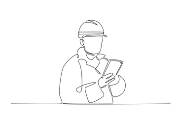 Engineer holding tablet in continuous one line drawing. Single line art illustration of technician working with tablet. Editable vector.